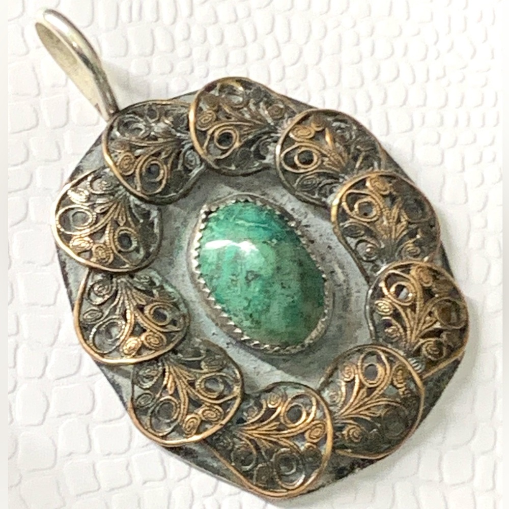 RARE - VINTAGE NATIVE AMERICAN DESIGNER SIGNED  AL STERLING SILVER GREEN TURQUOI